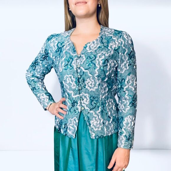 Vintage Anne Crimmins Evening Jacket Turquoise Blue Sequins Lace Glamour Size 4 - Picture 10 of 10